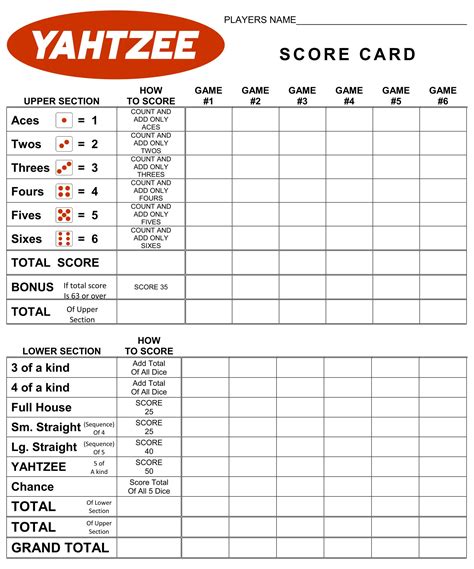 Yahtzee Printable Score Card